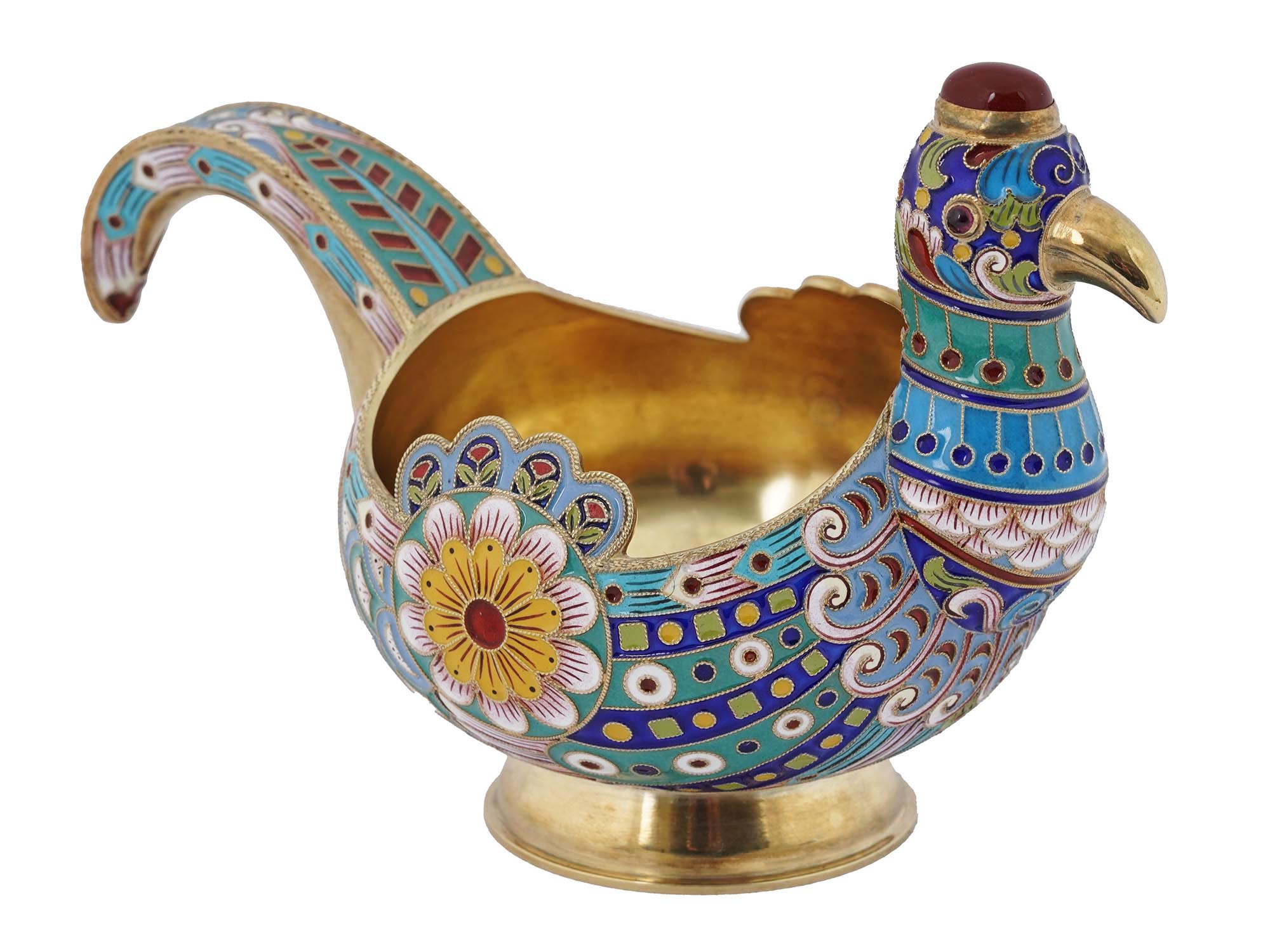 RUSSIAN GILT SILVER CLOISONNE ENAMEL BIRD KOVSH PIC-3